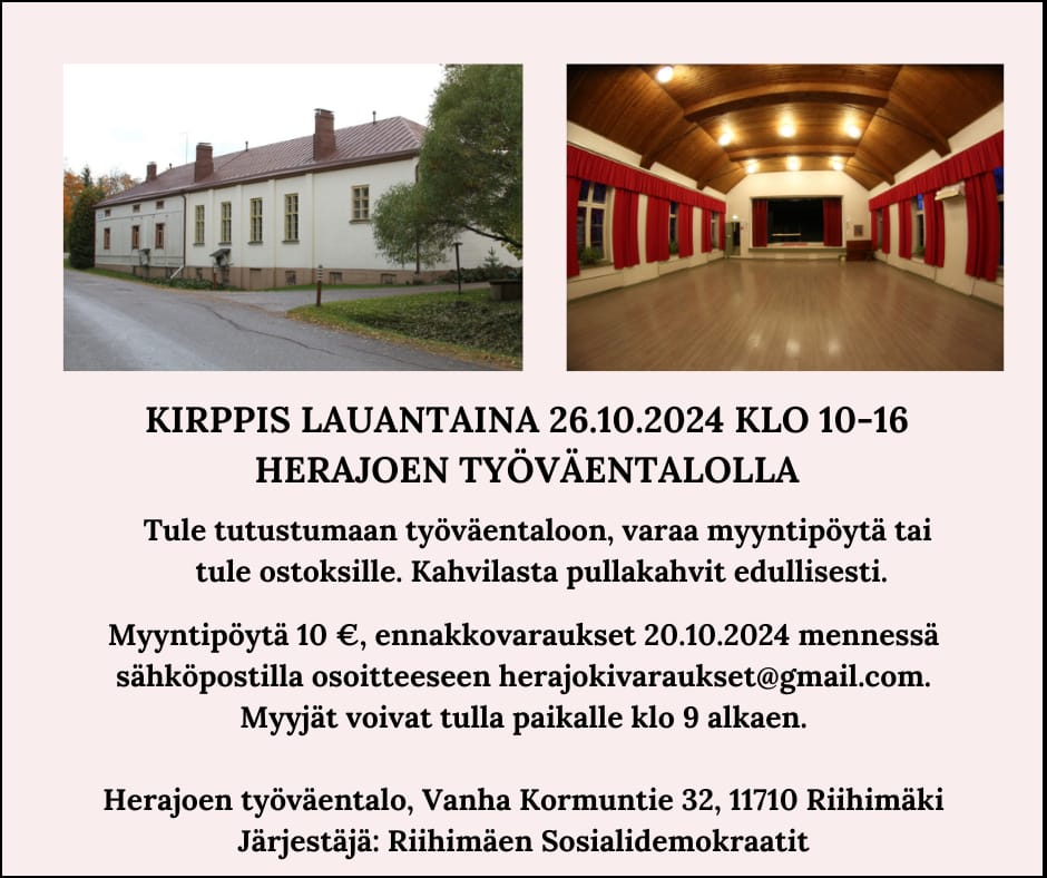 KIRPPIS LAUANTAINA 26.10.2024 KLO 10-16 HERAJOEN TYÖVÄENTALOLLA